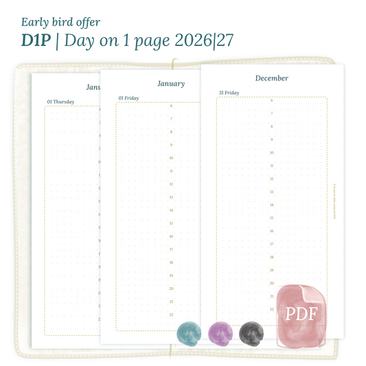Printable PDF calendar insert D1P day on 1 page module for 2026 and 2027 for Standard size Traveler's Notebook planner.