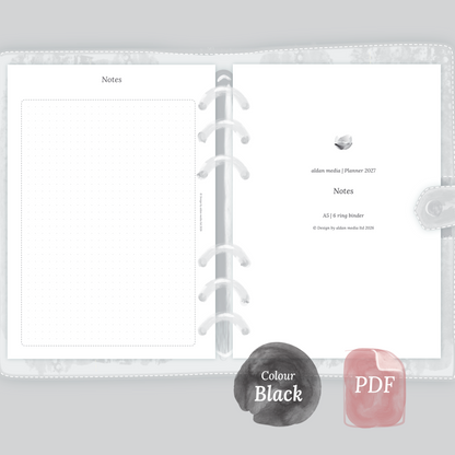 Examples featuring the PDF printable planner inserts module Notes for 2026 and 2027 in the colour Black & White.