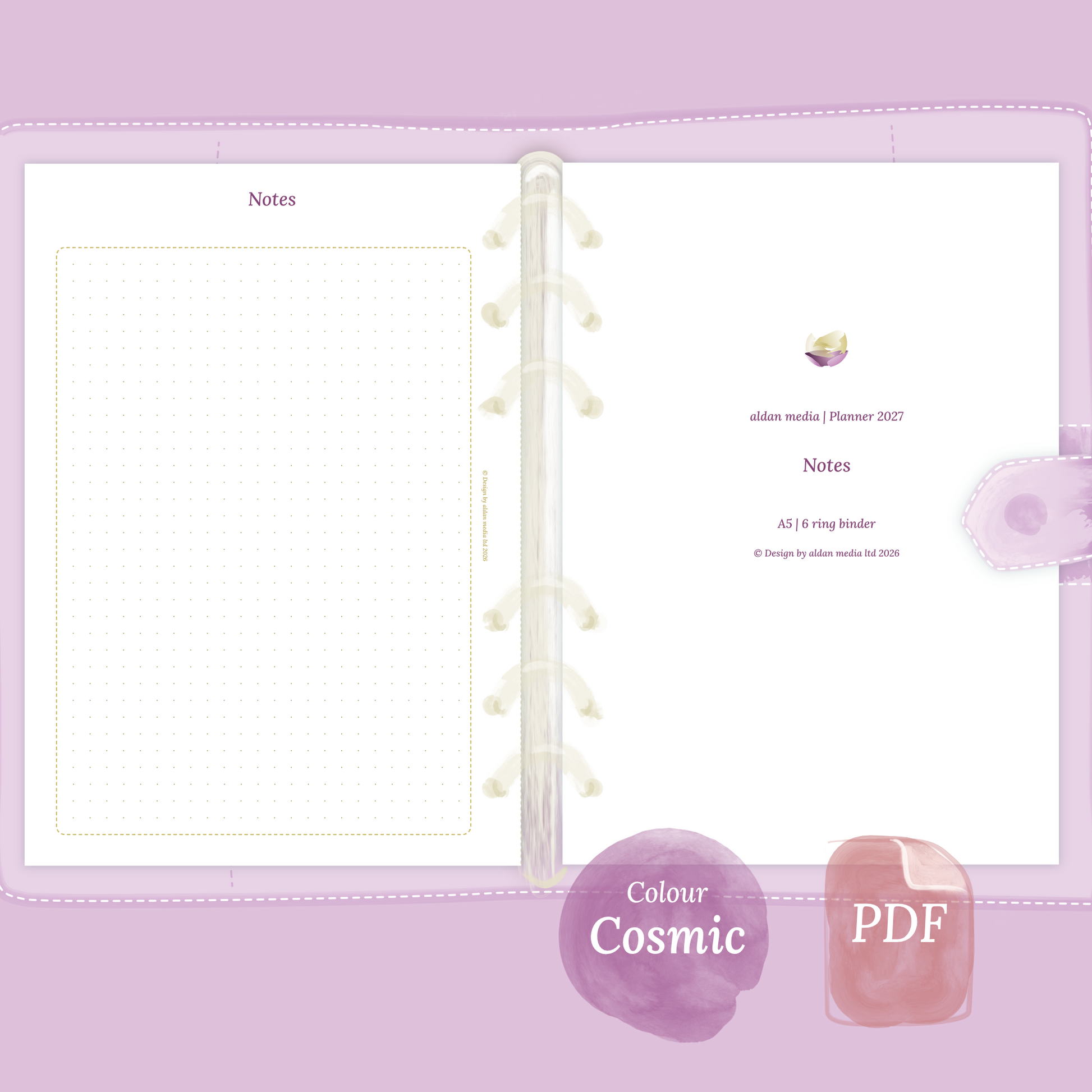 Examples featuring the PDF printable planner inserts module Notes for 2026 and 2027 in the colour Cosmic/Raspberry.
