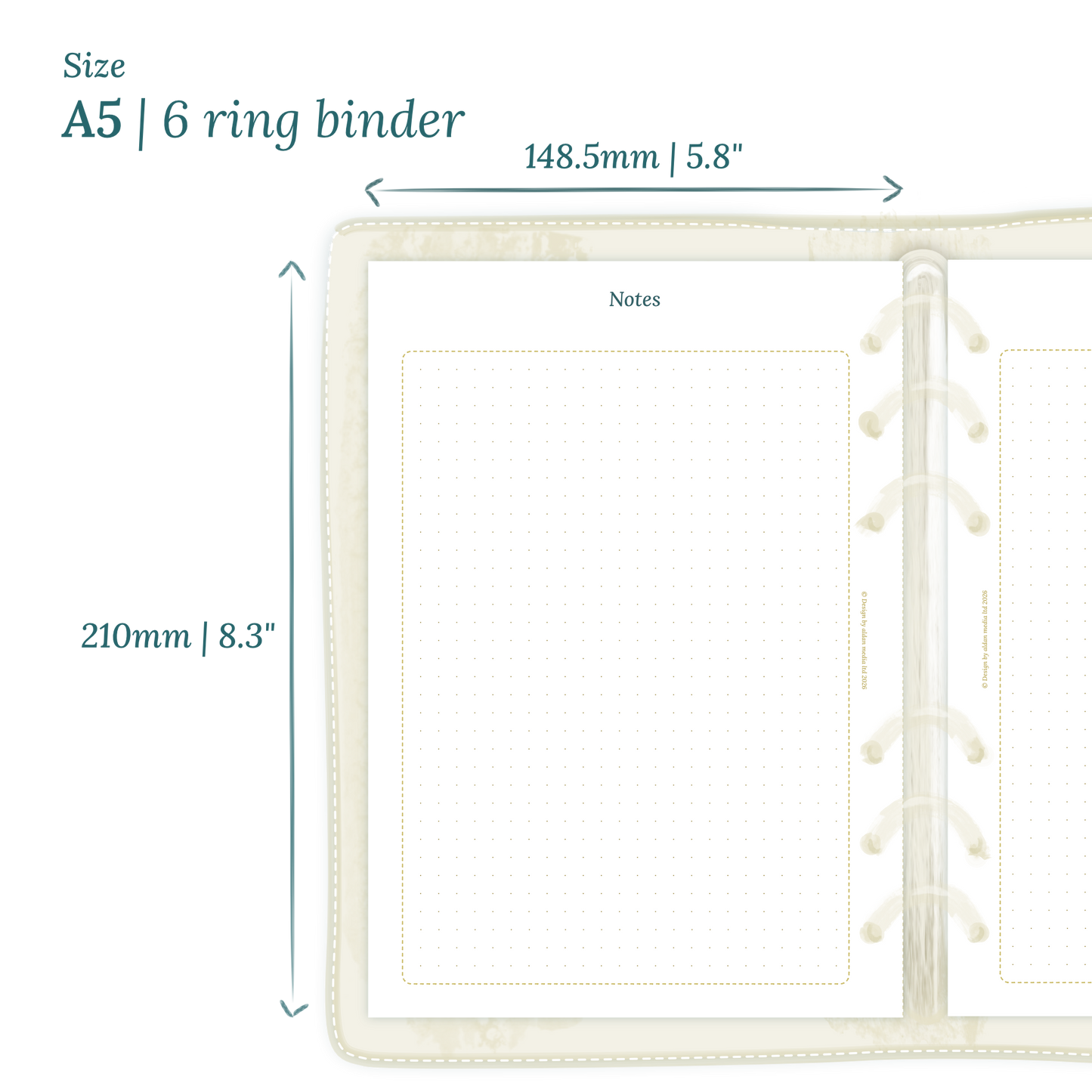 Printable PDF calendar planner insert with dimensions labeled on a white background to show the size supported which is A5 for 6 ring binder.