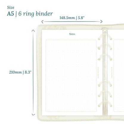 Printable PDF calendar planner insert with dimensions labeled on a white background to show the size supported which is A5 for 6 ring binder.