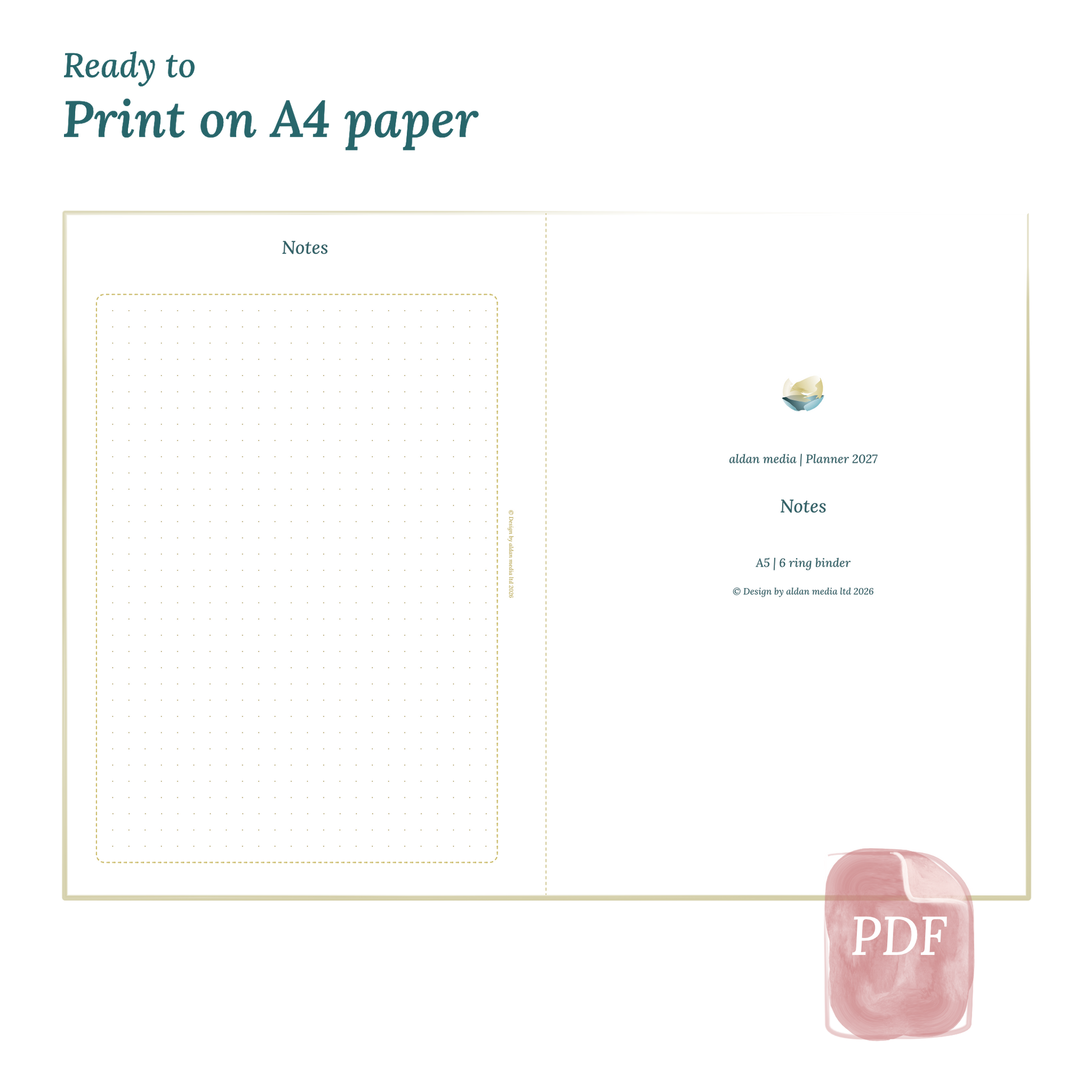 Printable PDF calendar planner with title design on A4 paper that illustrates that our products are ready to print.