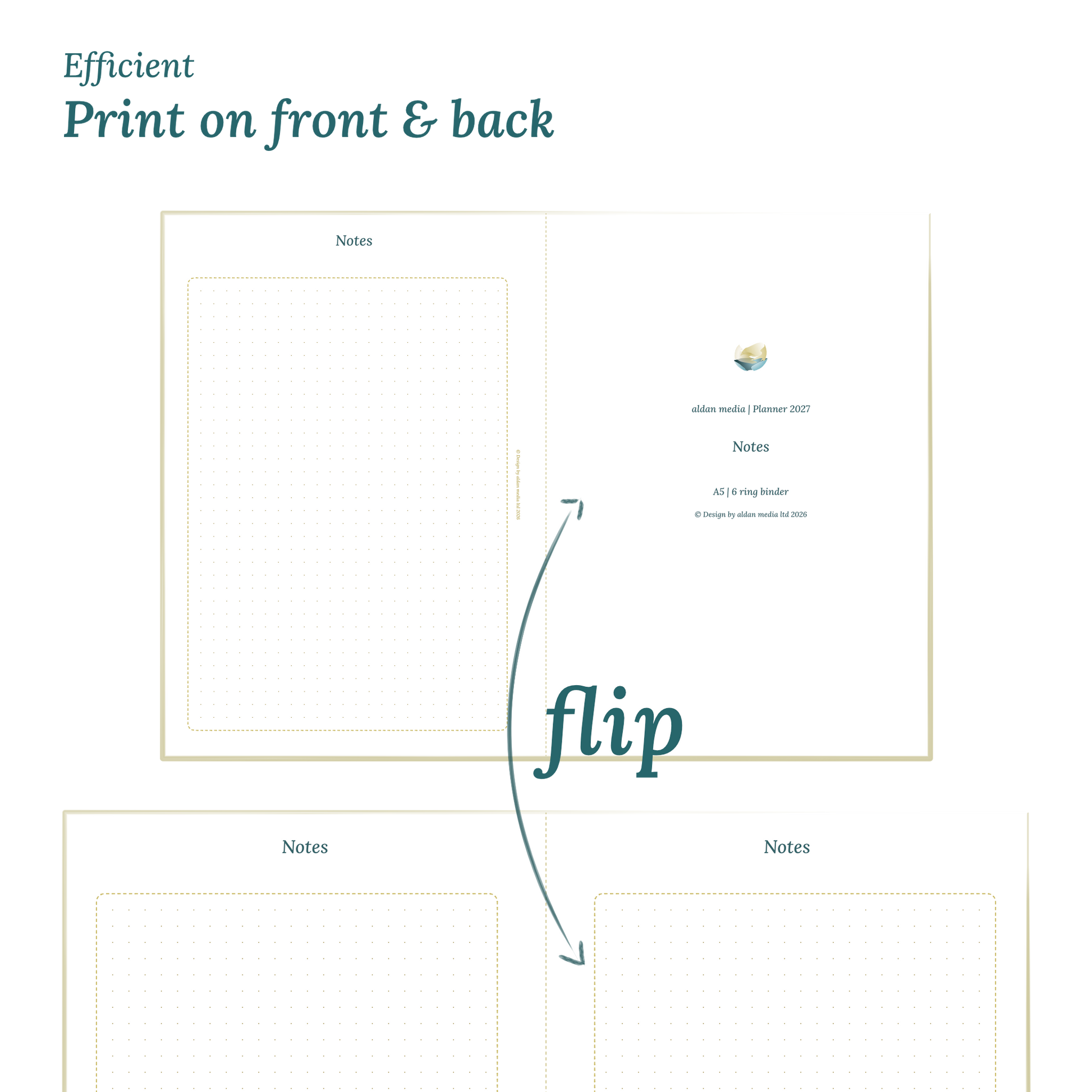 Calendar design with a lake map illustration and text indicating efficient printing on front and back of the A4 page.