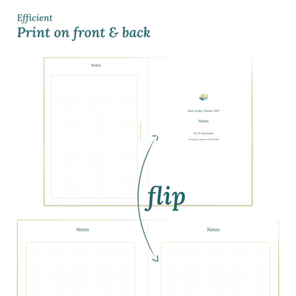 Calendar design with a lake map illustration and text indicating efficient printing on front and back of the A4 page.