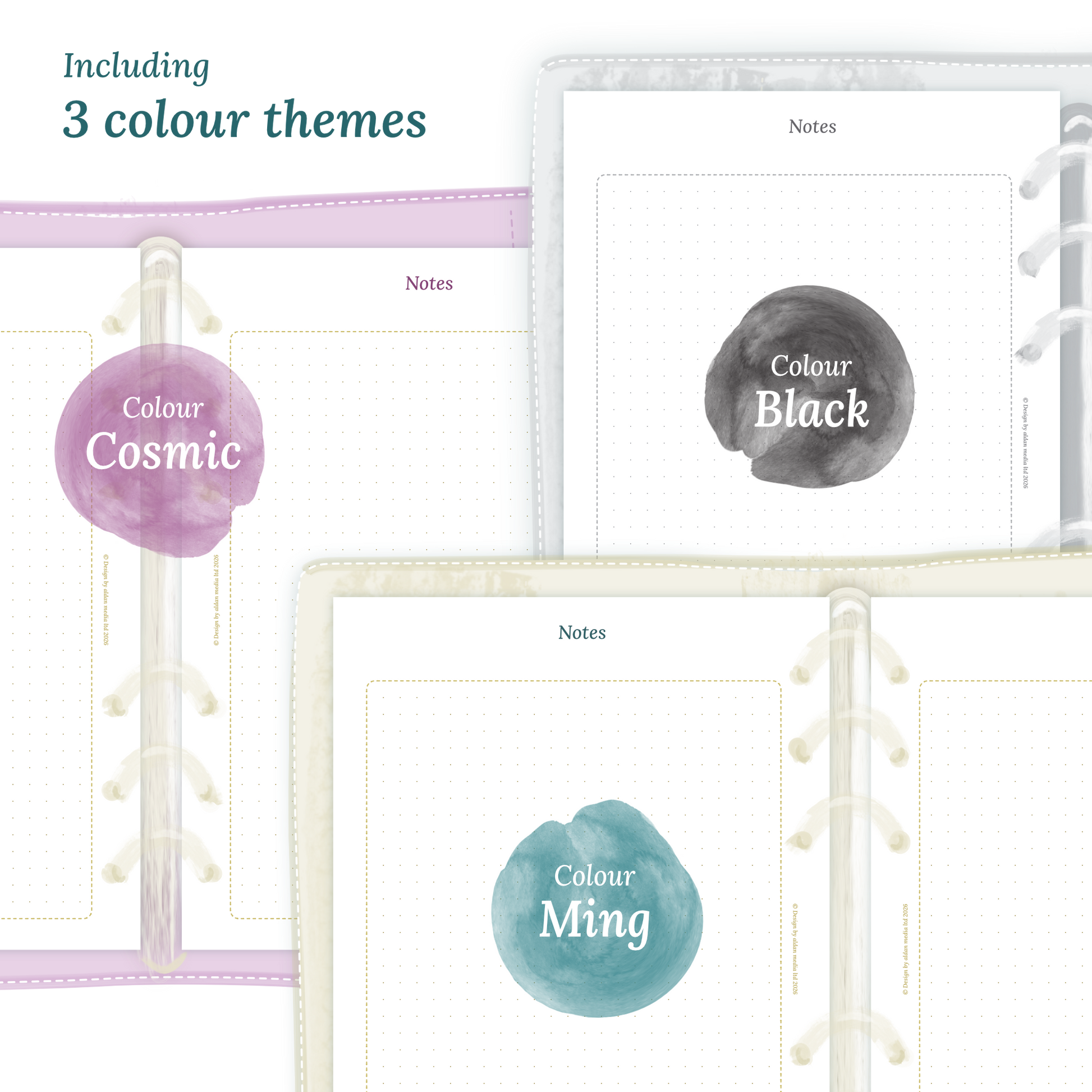 Three colour variants of the calendar designs of the PDF printable inserts with colour themes 'Cosmic', 'Black', and 'Ming' displayed to show how they look like on this module Notes.