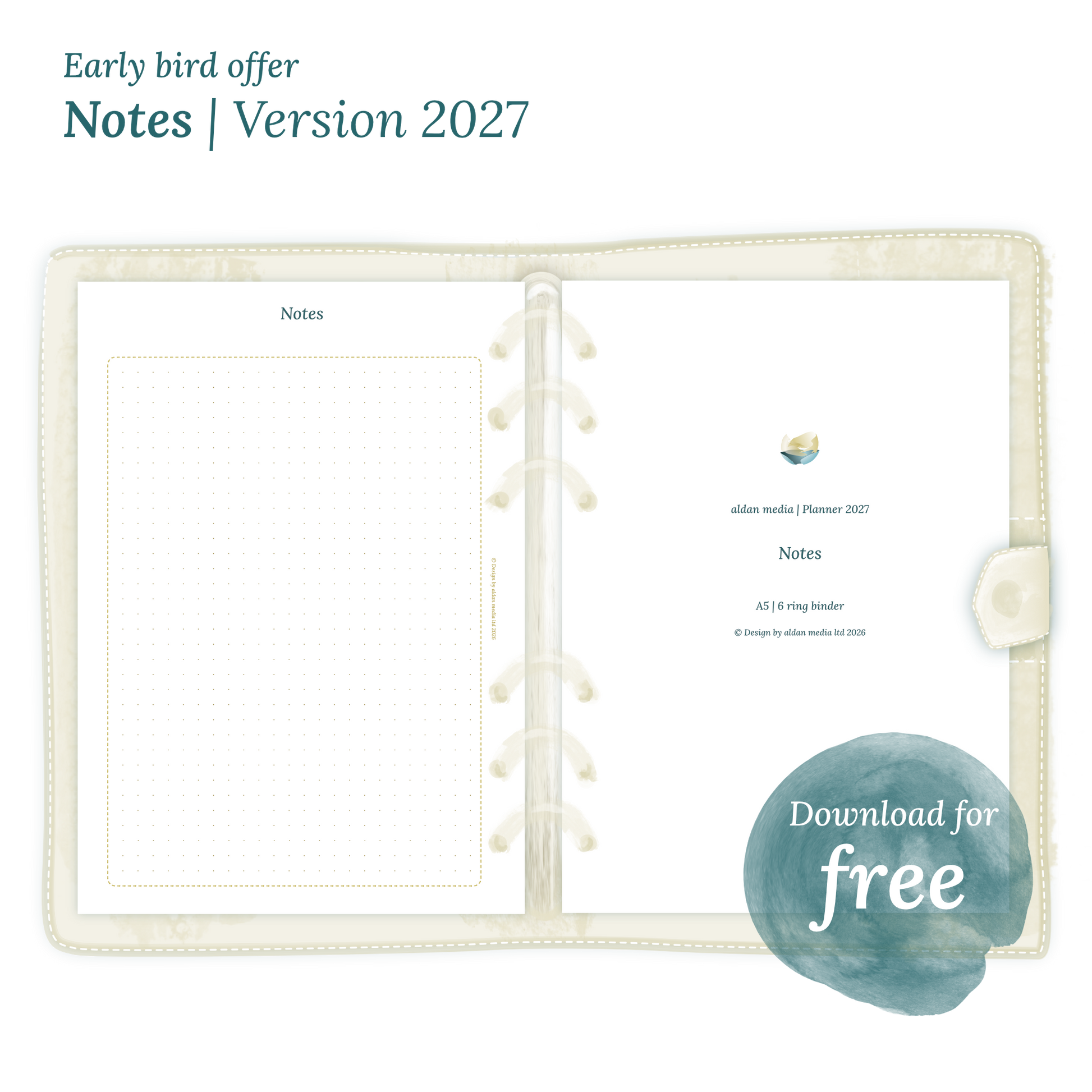 Calendar PDF printable Notes module for 2027 for A5 size 6 ring binder planner.
