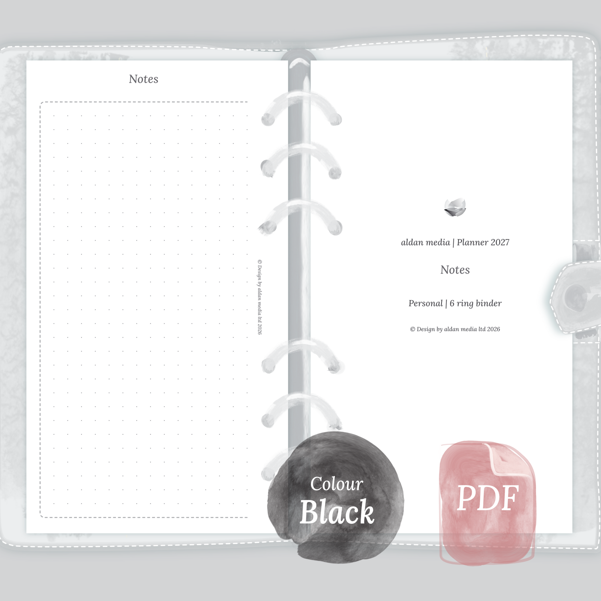 Examples featuring the PDF printable planner inserts module Notes for 2027 in the colour Black & White for Personal size 6 ring binder planner.