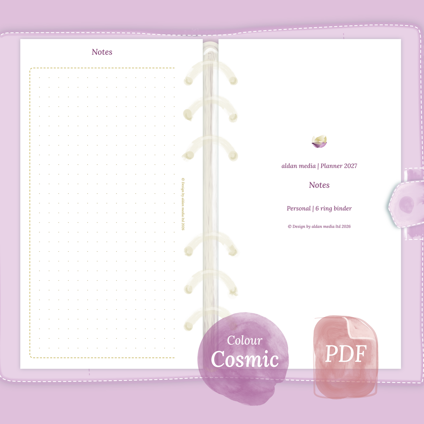 Examples featuring the PDF printable planner inserts module Notes for 2027 in the colour Cosmic/Raspberry for Personal size 6 ring binder planner.