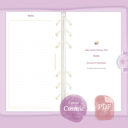 Examples featuring the PDF printable planner inserts module Notes for 2027 in the colour Cosmic/Raspberry for Personal size 6 ring binder planner.