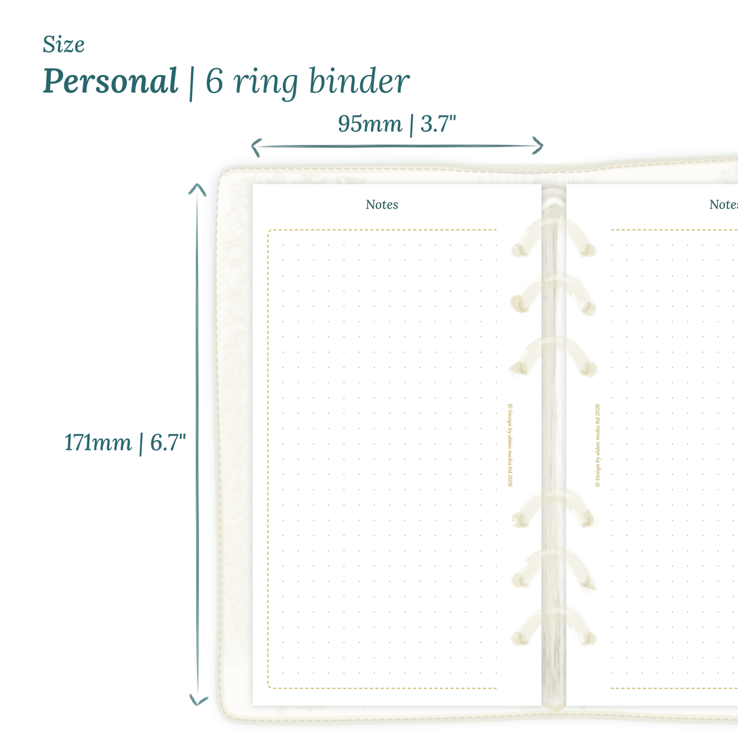 Printable PDF calendar planner insert with dimensions labeled on a white background to show the size supported which is Personal for 6 ring binder.