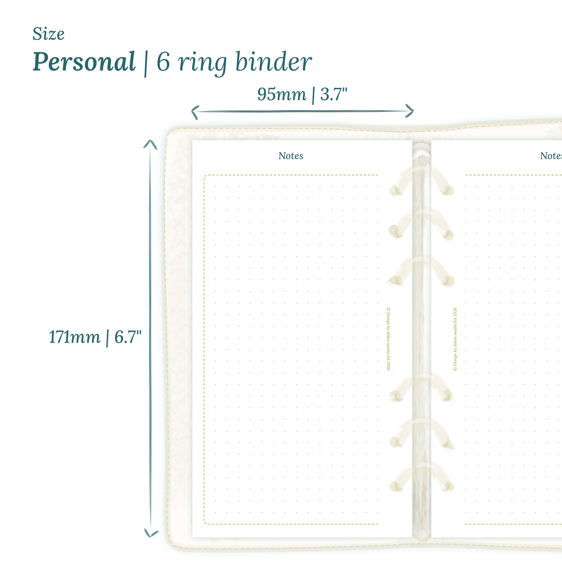Printable PDF calendar planner insert with dimensions labeled on a white background to show the size supported which is Personal for 6 ring binder.
