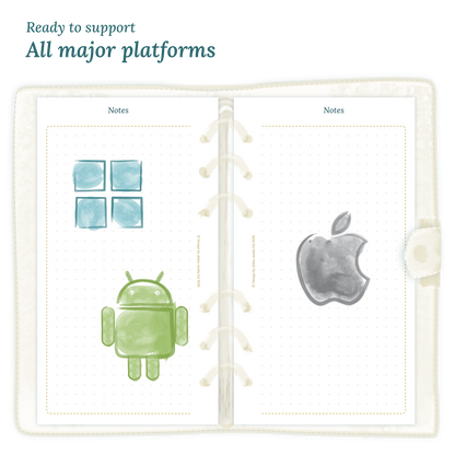 Open planner calendar insert with Windows, Android and Apple logos on a white background to show what operating systems are supported by our PDF printables for Personal size 6 ring binder planner.