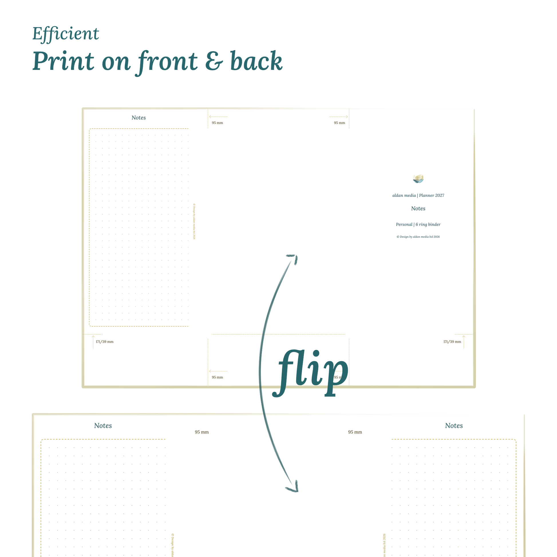Printable PDF calendar design with a title and text indicating efficient printing on front and back of the A4 page for Personal size 6 ring binder planner.