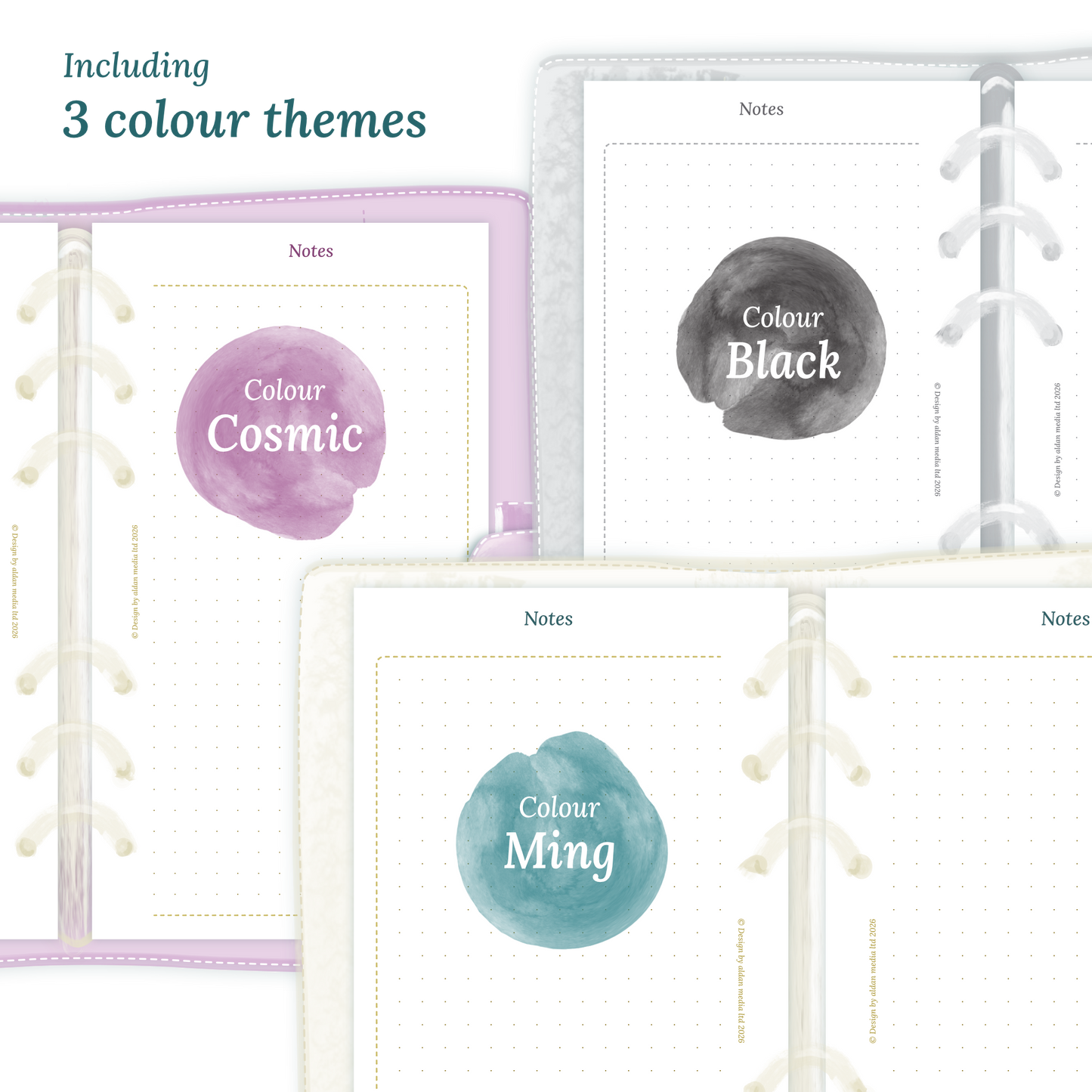 Three colour variants of the calendar designs of the PDF printable inserts with colour themes 'Cosmic/Raspberry', 'Black', and 'Ming/Blue' displayed to show how they look like on this module Notes for Personal size 6 ring binder planner.
