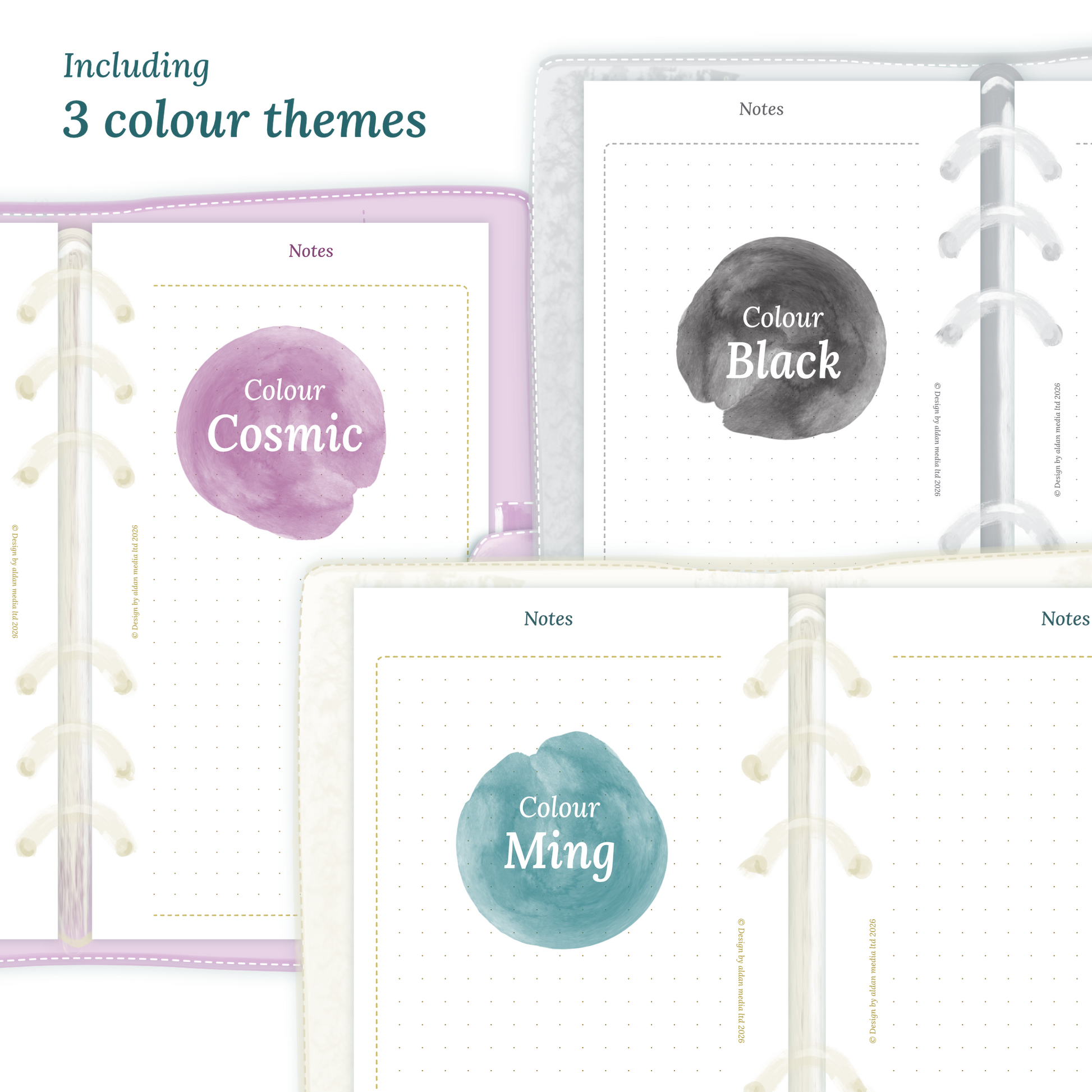 Three colour variants of the calendar designs of the PDF printable inserts with colour themes 'Cosmic/Raspberry', 'Black', and 'Ming/Blue' displayed to show how they look like on this module Notes for Personal size 6 ring binder planner.