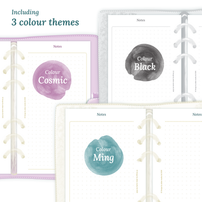 Three colour variants of the calendar designs of the PDF printable inserts with colour themes 'Cosmic/Raspberry', 'Black', and 'Ming/Blue' displayed to show how they look like on this module Notes for Personal size 6 ring binder planner.