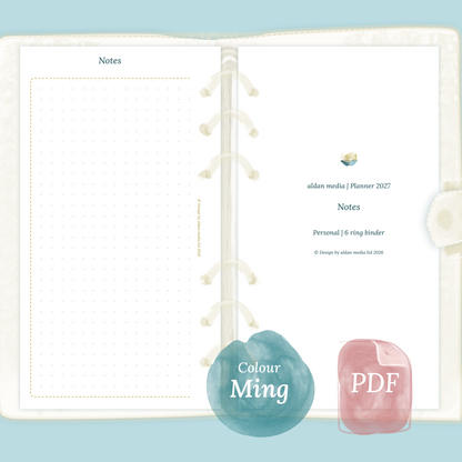 Examples featuring the PDF printable planner inserts module Notes for 2026 and 2027 in the colour Ming/Blue for Personal size 6 ring binder planner.
