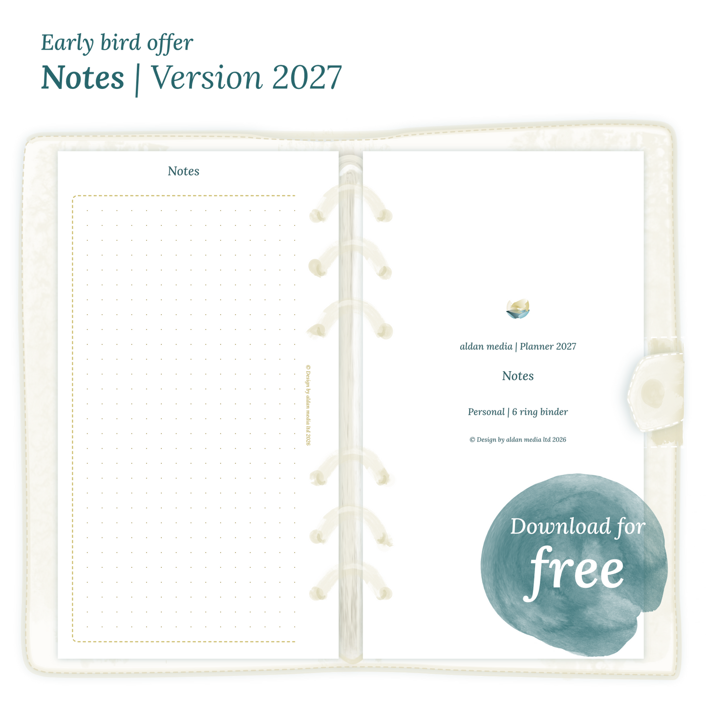Calendar PDF printable Notes module for 2027 for Personal size 6 ring binder planner.