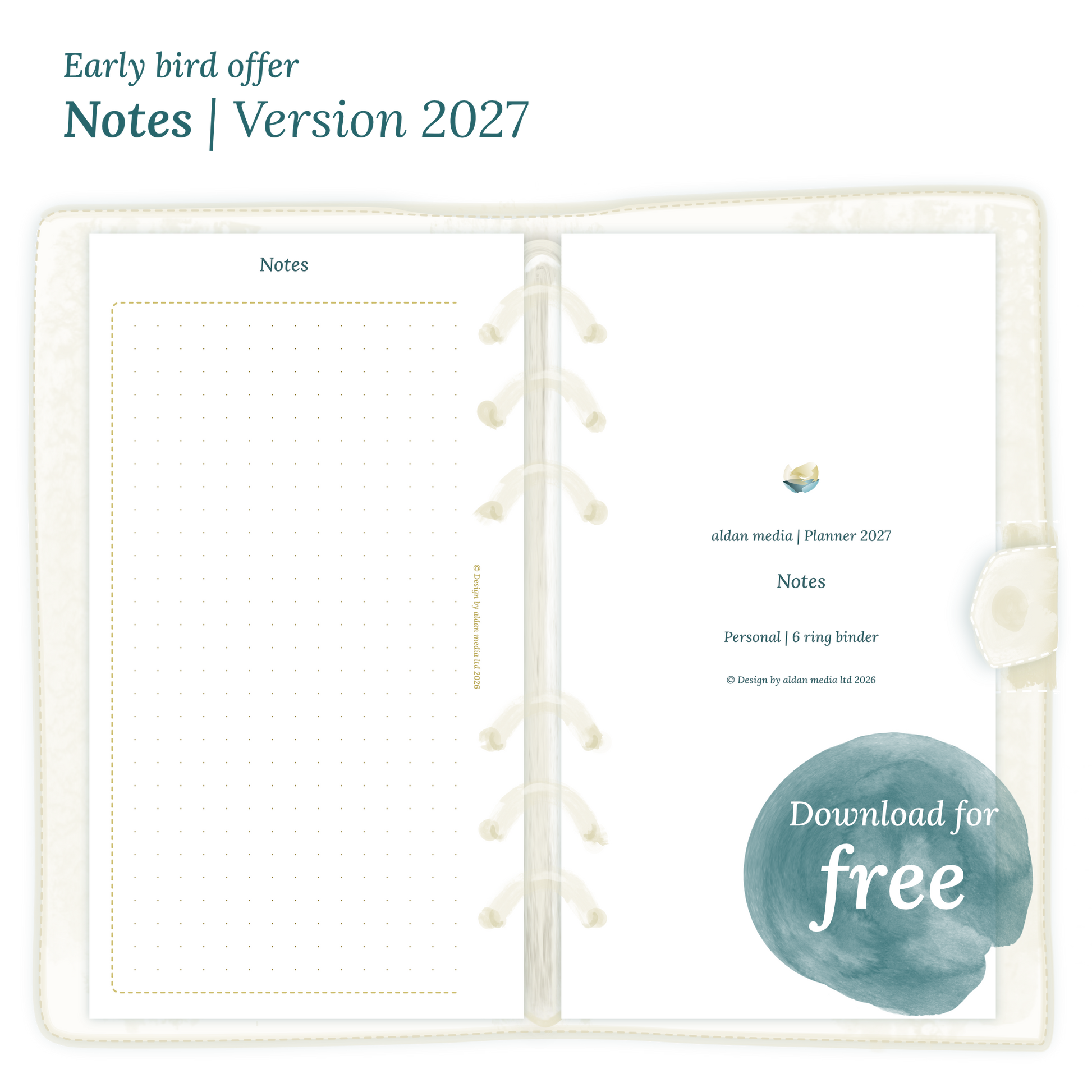 Calendar PDF printable Notes module for 2027 for Personal size 6 ring binder planner.