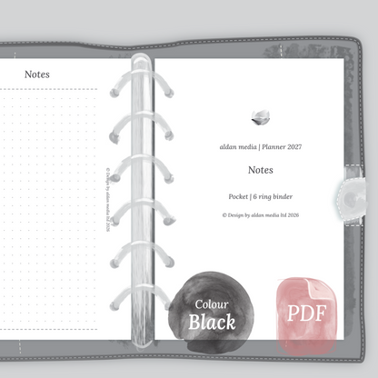 Examples featuring the PDF printable planner inserts module Notes for 2027 in the colour Black & White for Pocket size 6 ring binder planner.