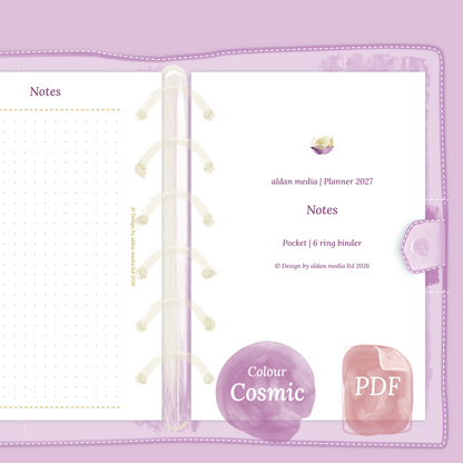 Examples featuring the PDF printable planner inserts module Notes for 2027 in the colour Cosmic/Raspberry for Pocket size 6 ring binder planner.