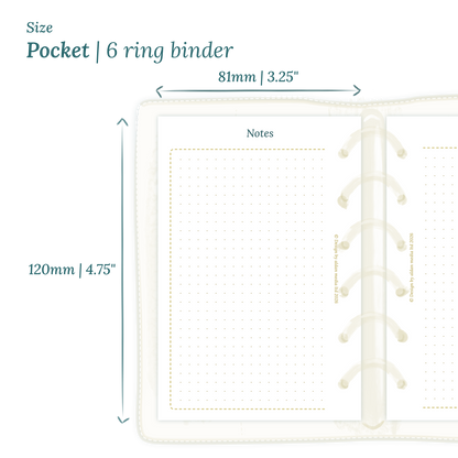 Printable PDF calendar planner insert with dimensions labeled on a white background to show the size supported which is Pocket for 6 ring binder.