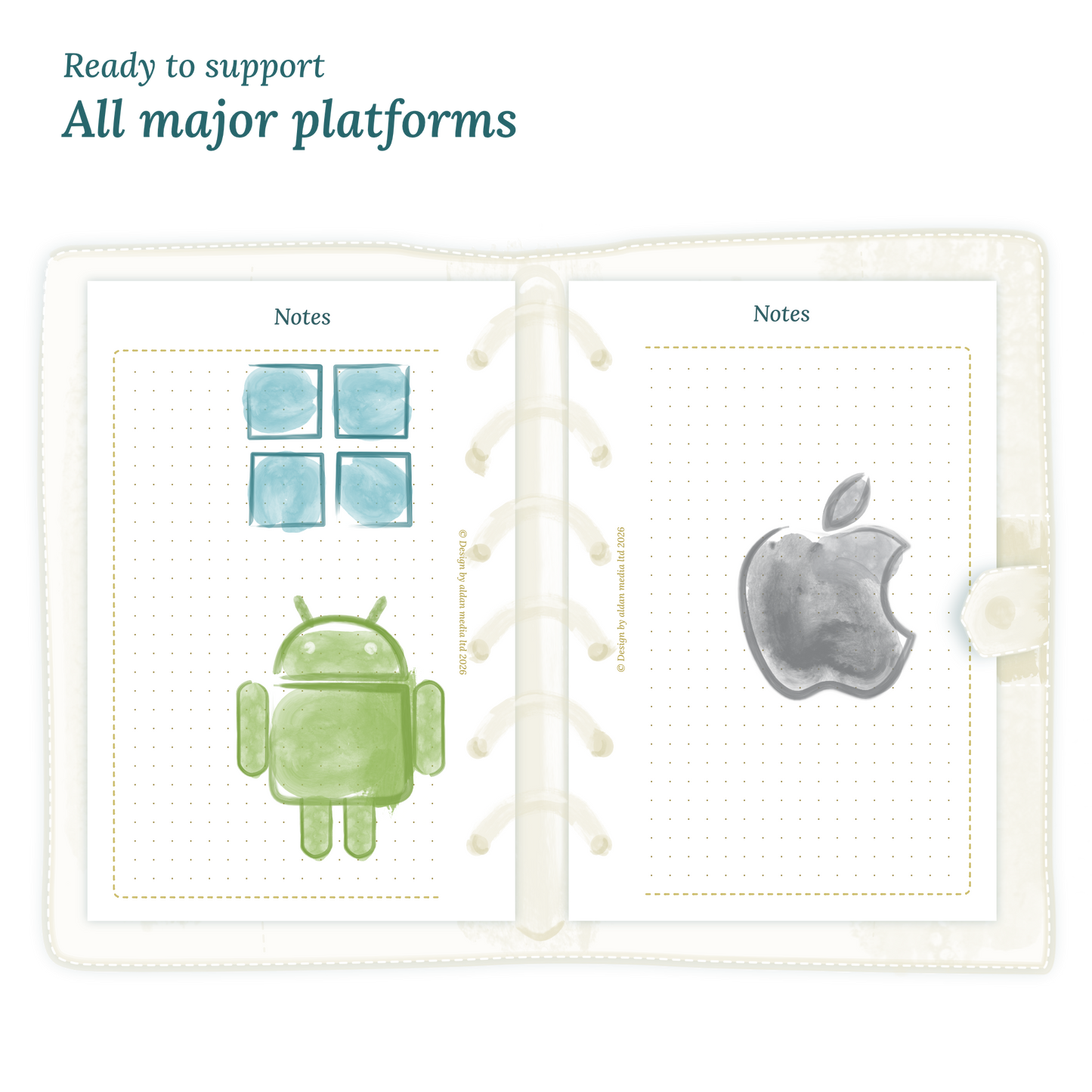 Open planner calendar insert with Windows, Android and Apple logos on a white background to show what operating systems are supported by our PDF printables for Pocket size 6 ring binder planner.