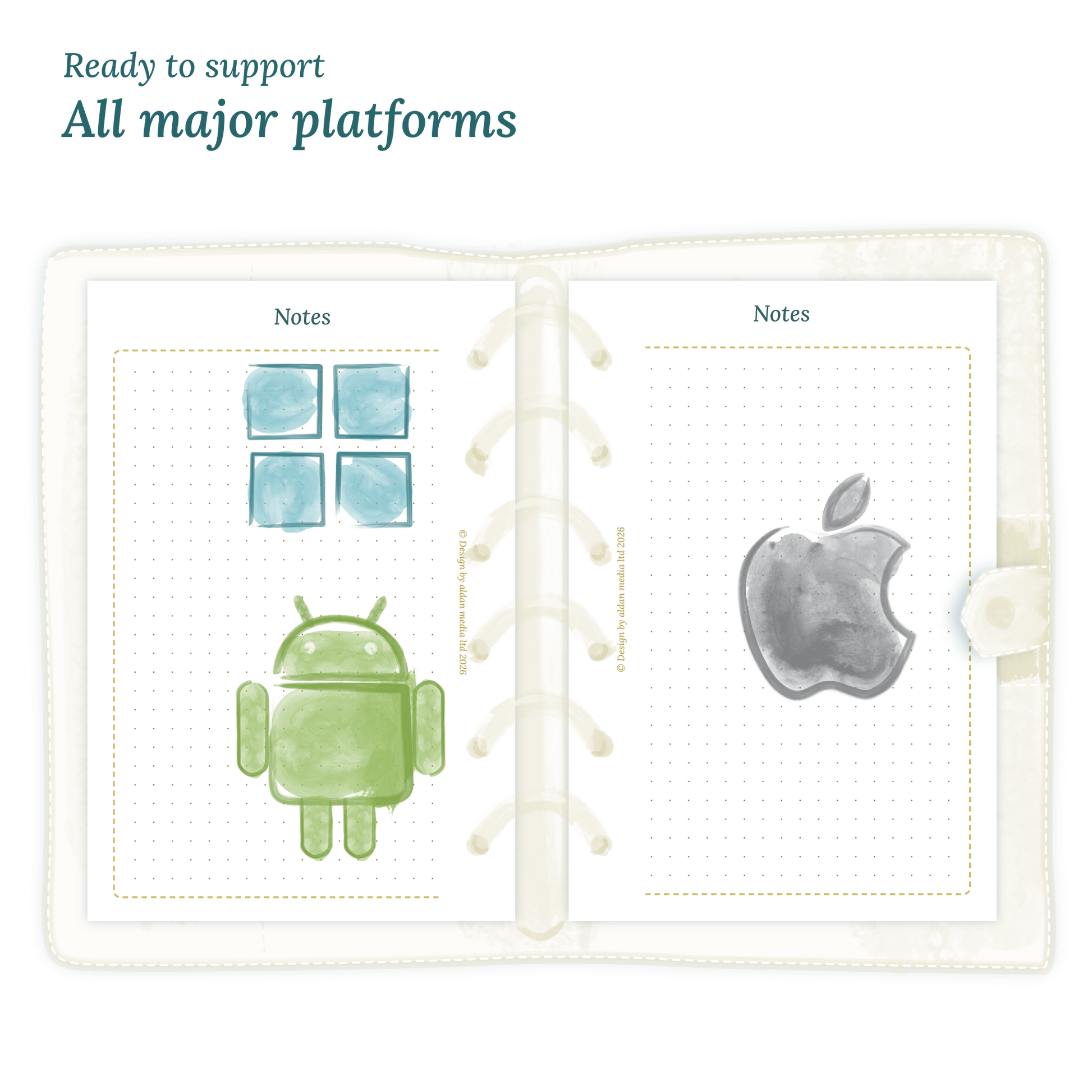 Open planner calendar insert with Windows, Android and Apple logos on a white background to show what operating systems are supported by our PDF printables for Pocket size 6 ring binder planner.