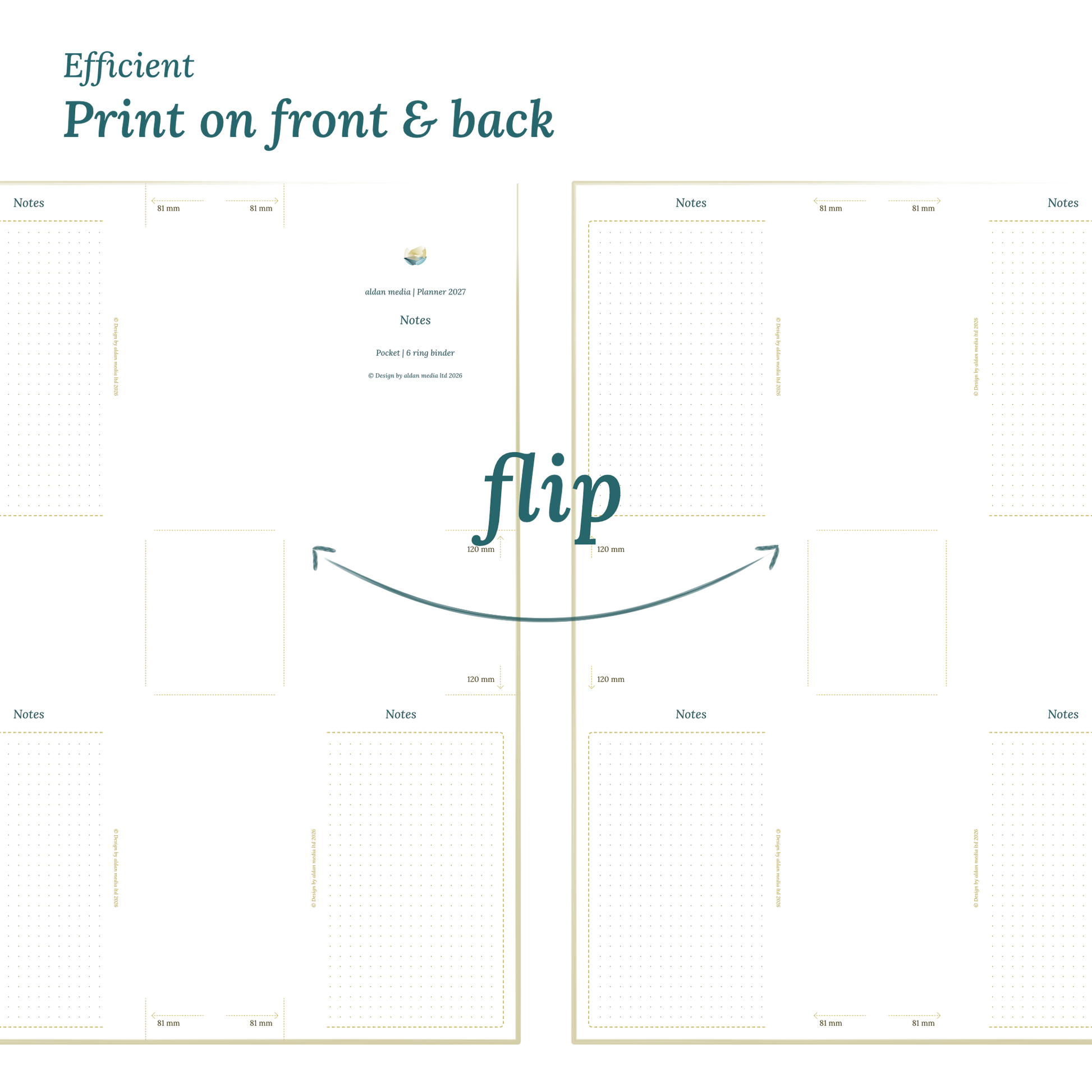 Printable PDF calendar design with a title and text indicating efficient printing on front and back of the A4 page for Pocket size 6 ring binder planner.