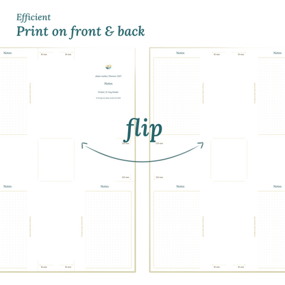 Printable PDF calendar design with a title and text indicating efficient printing on front and back of the A4 page for Pocket size 6 ring binder planner.