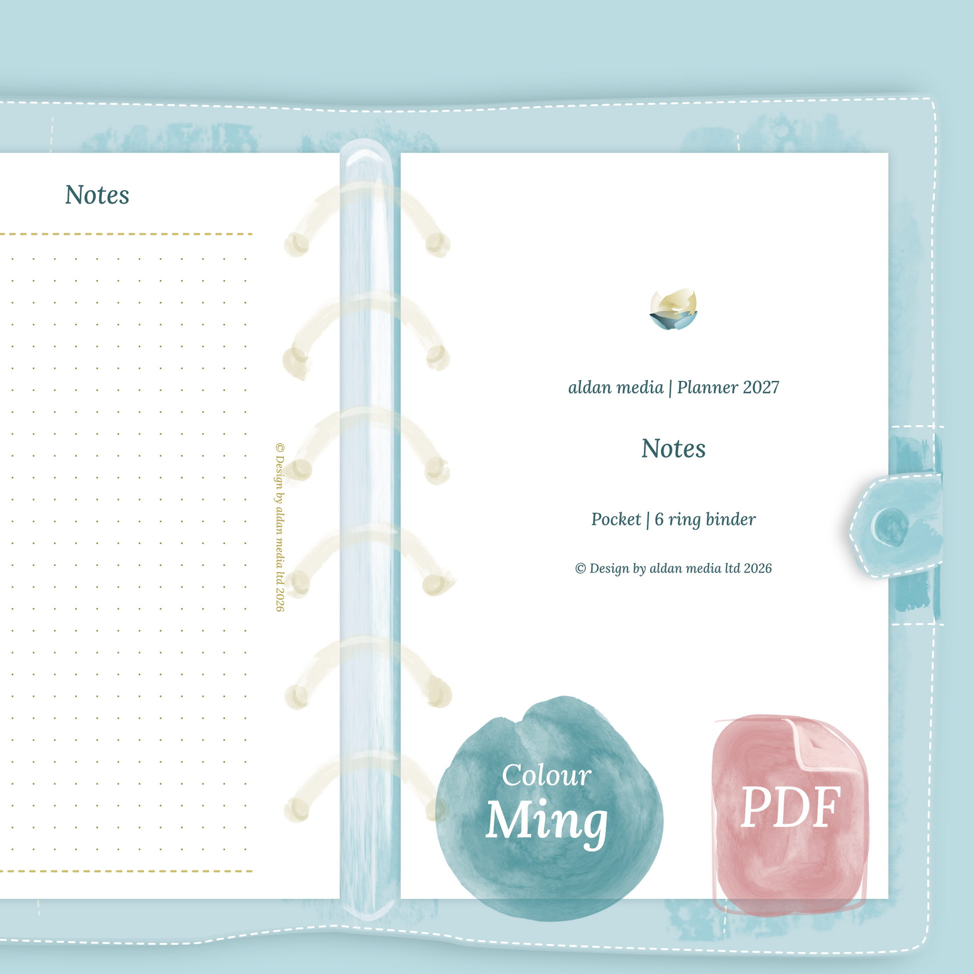Examples featuring the PDF printable planner inserts module Notes for 2026 and 2027 in the colour Ming/Blue for Pocket size 6 ring binder planner.