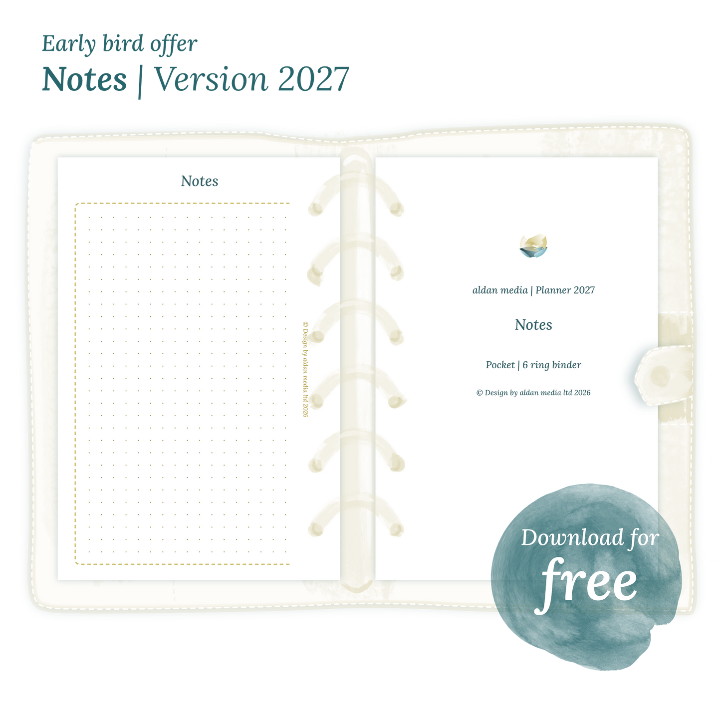 Calendar PDF printable Notes module for 2027 for Pocket size 6 ring binder planner.