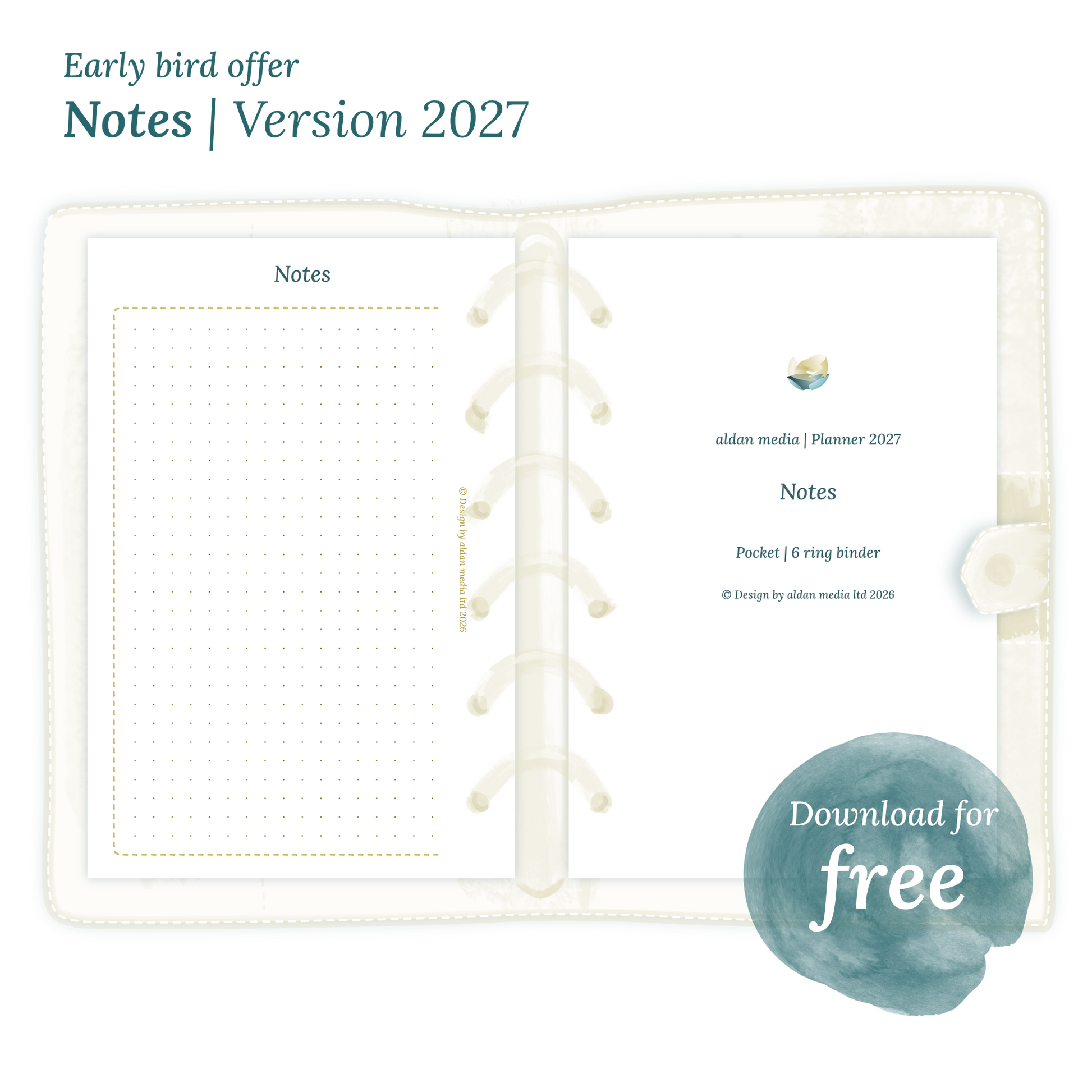 Calendar PDF printable Notes module for 2027 for Pocket size 6 ring binder planner.