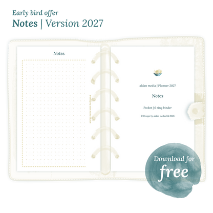 Calendar PDF printable Notes module for 2027 for Pocket size 6 ring binder planner.