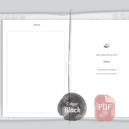 Examples featuring the PDF printable planner inserts module Notes for 2026 and 2027 in the colour Black & White.
