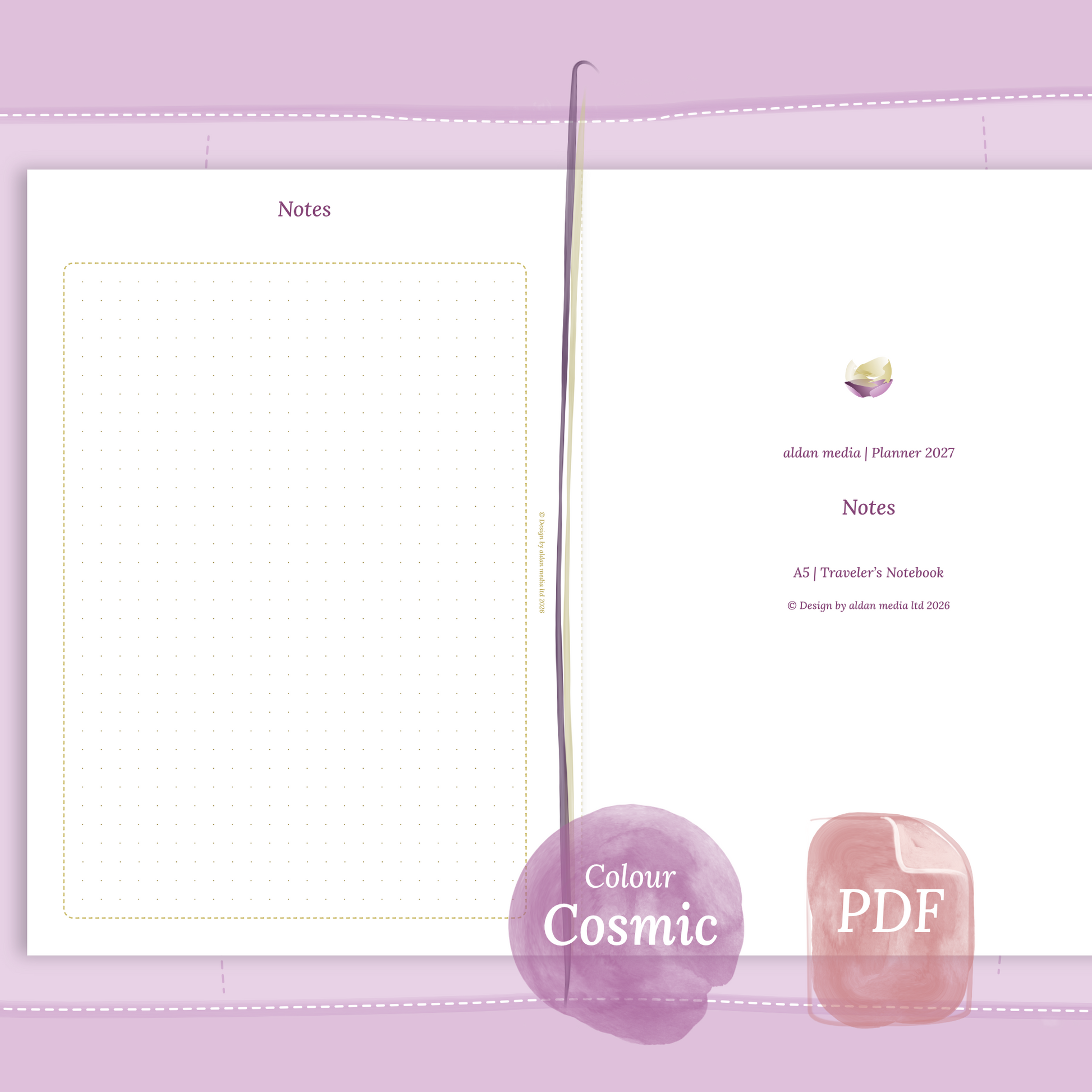 Examples featuring the PDF printable planner inserts module Notes for 2026 and 2027 in the colour Cosmic/Raspberry.