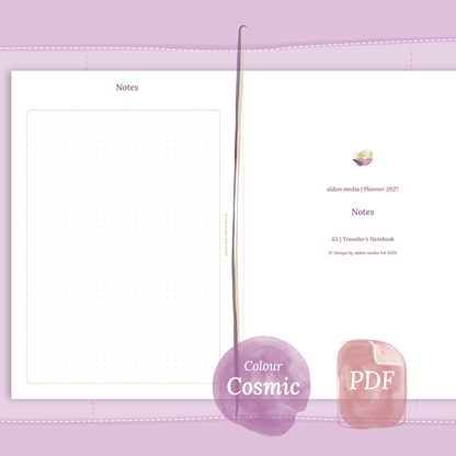 Examples featuring the PDF printable planner inserts module Notes for 2026 and 2027 in the colour Cosmic/Raspberry.