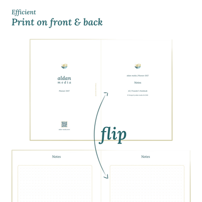 Printable PDF calendar design with a title and text indicating efficient printing on front and back of the A4 page.