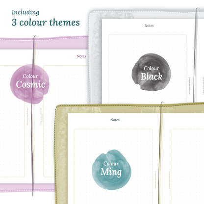 Three colour variants of the calendar designs of the PDF printable inserts with colour themes 'Cosmic', 'Black', and 'Ming' displayed to show how they look like on this module Notes.