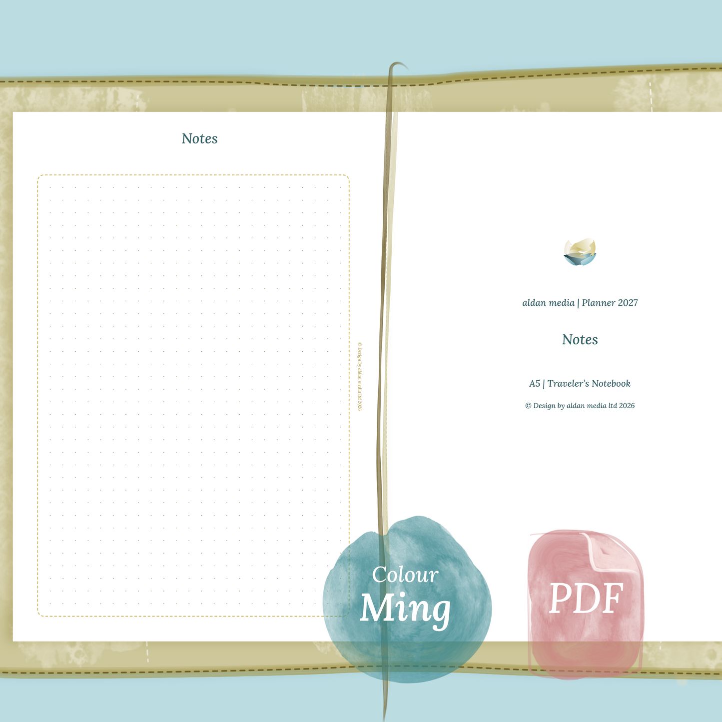Examples featuring the PDF printable planner inserts module Notes for 2026 and 2027 in the colour Ming/Blue.