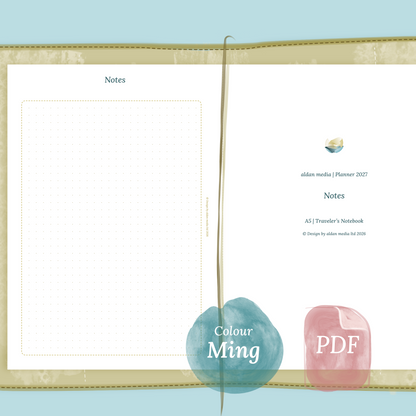 Examples featuring the PDF printable planner inserts module Notes for 2026 and 2027 in the colour Ming/Blue.