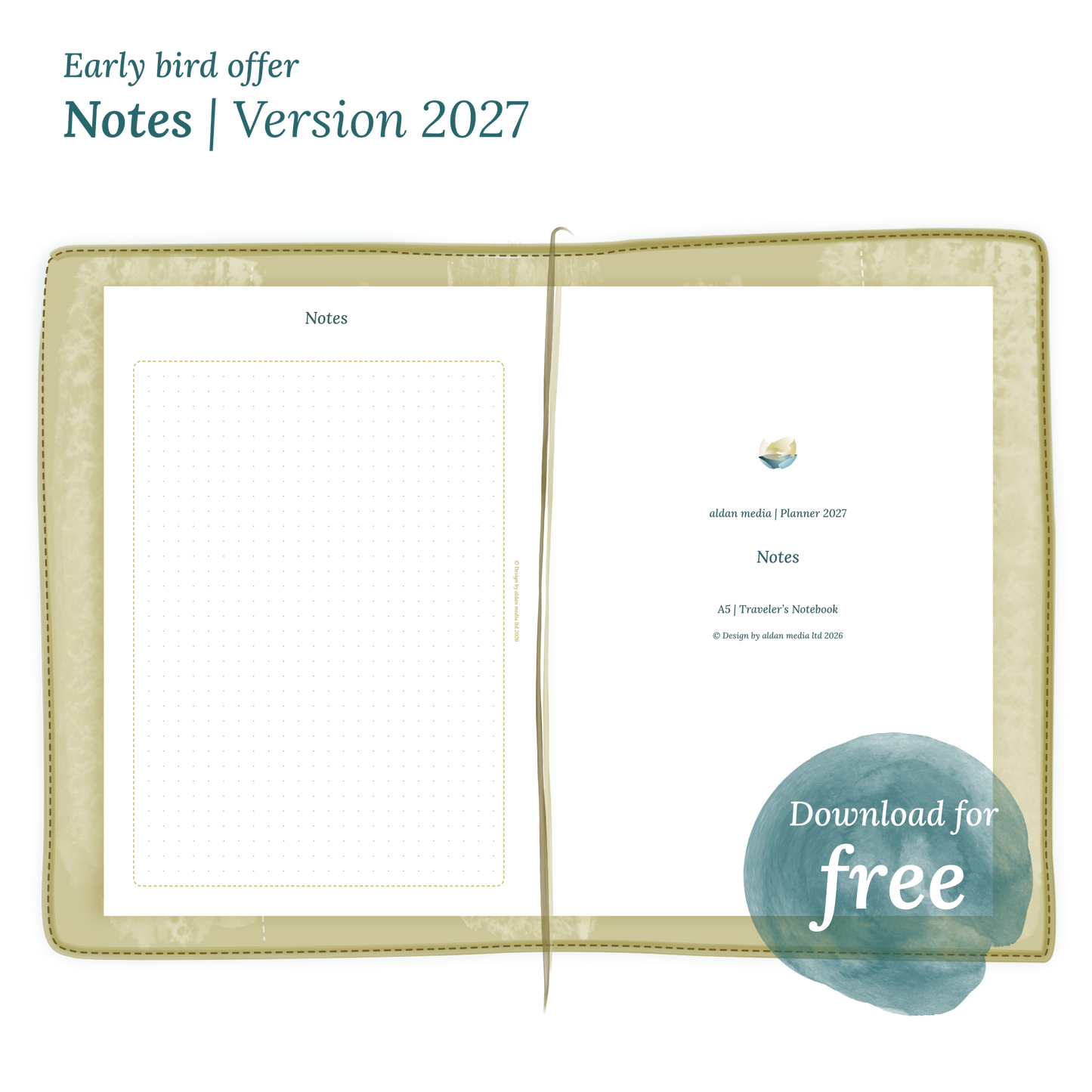 Calendar PDF printable Notes module for 2027 for A5 size Traveler's Notebook planner.