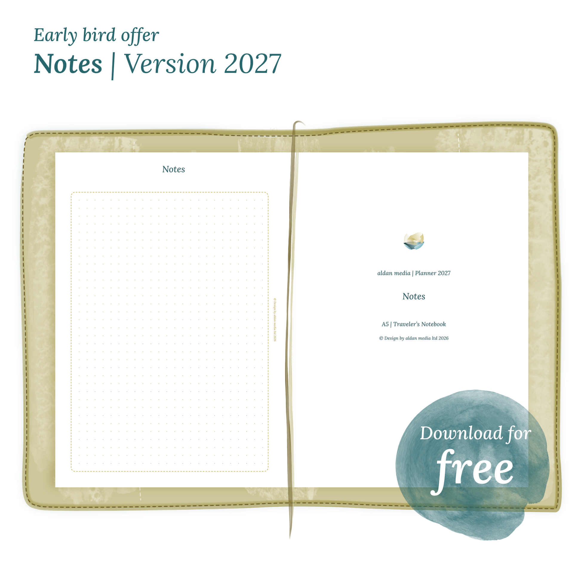 Calendar PDF printable Notes module for 2027 for A5 size Traveler's Notebook planner.