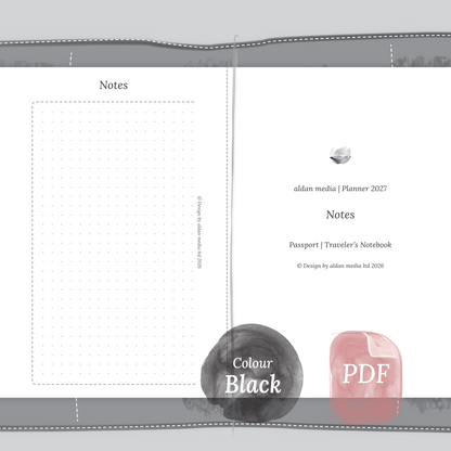 Examples featuring the PDF printable planner inserts module Notes for 2027 in the colour Black & White for Passport size Traveler's Notebook planner.