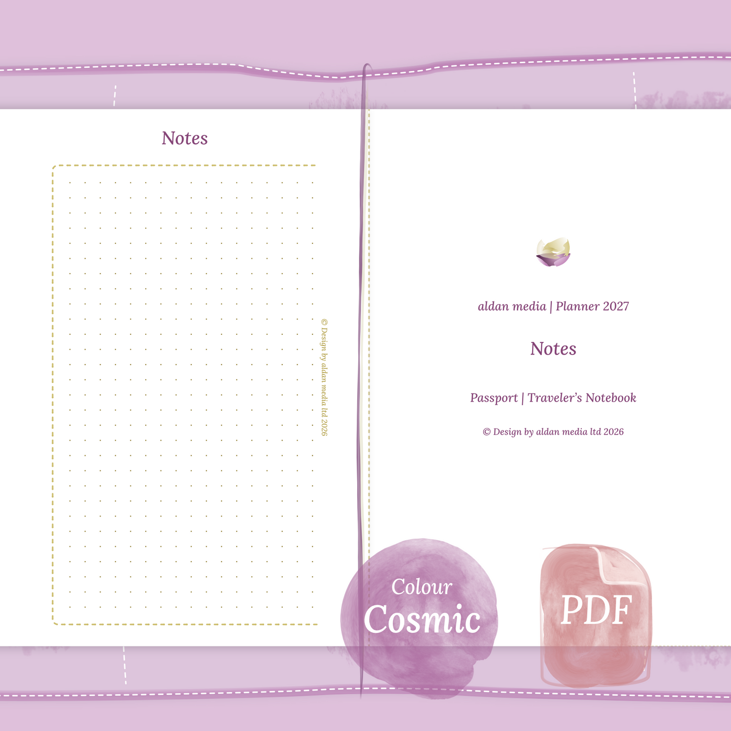 Examples featuring the PDF printable planner inserts module Notes for 2027 in the colour Cosmic/Raspberry for Passport size Traveler's Notebook planner.