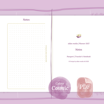 Examples featuring the PDF printable planner inserts module Notes for 2027 in the colour Cosmic/Raspberry for Passport size Traveler's Notebook planner.
