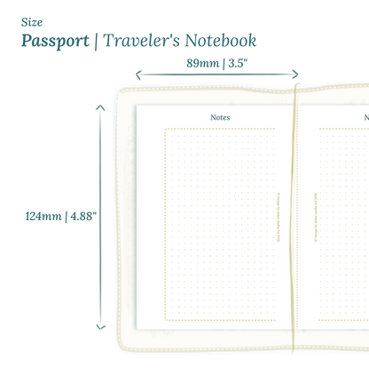 Printable PDF calendar planner insert with dimensions labeled on a white background to show the size supported which is Passport for Traveler's Notebook.