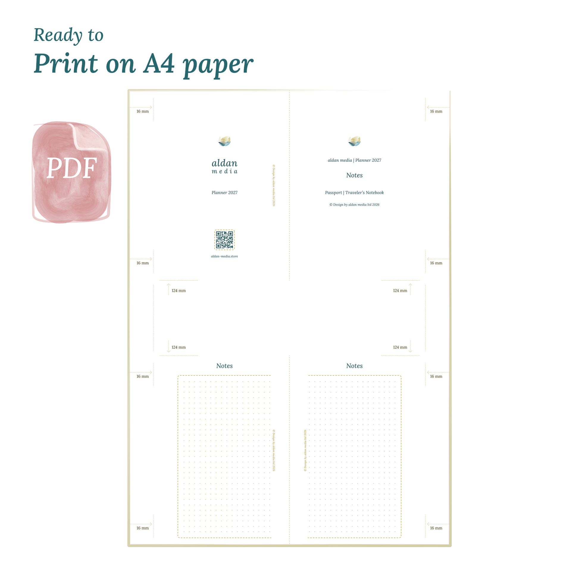 Printable PDF calendar planner with title design on A4 paper that illustrates that our products are ready to print for Passport size Traveler's Notebook planner.