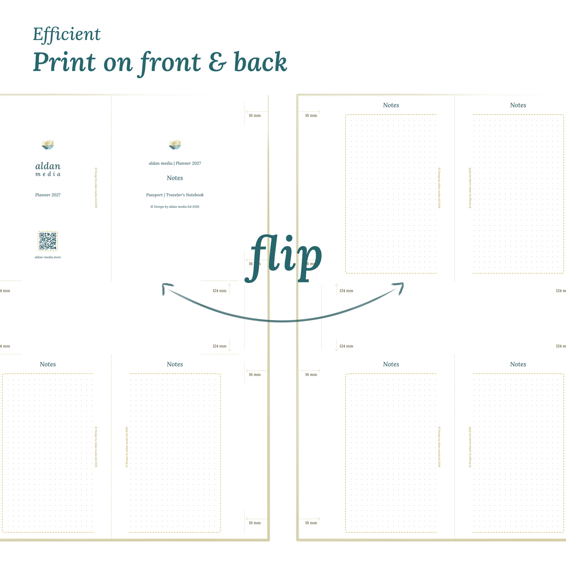Printable PDF calendar design with a title and text indicating efficient printing on front and back of the A4 page for Passport size Traveler's Notebook planner.