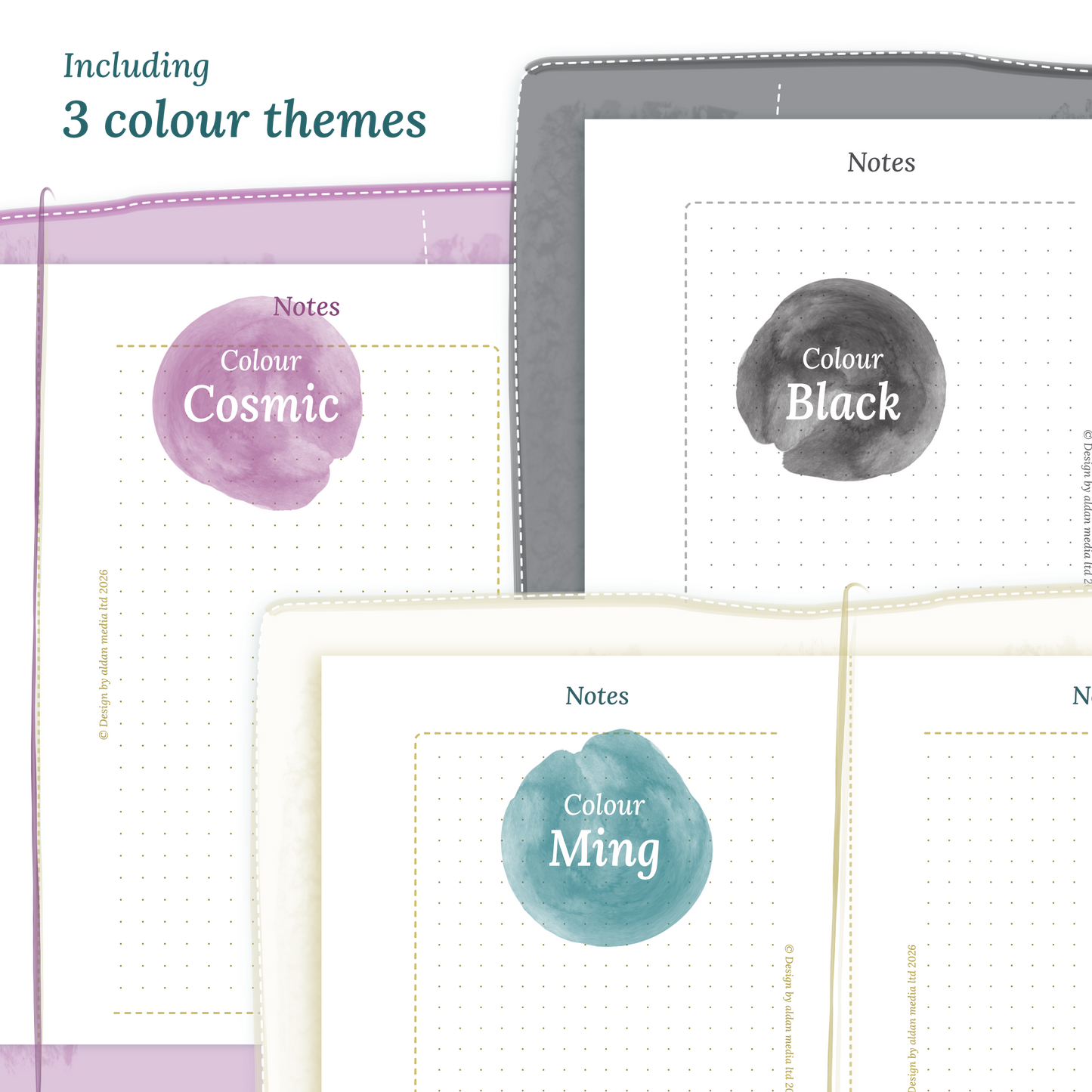 Three colour variants of the calendar designs of the PDF printable inserts with colour themes 'Cosmic/Raspberry', 'Black', and 'Ming/Blue' displayed to show how they look like on this module Notes for Passport size Traveler's Notebook planner.